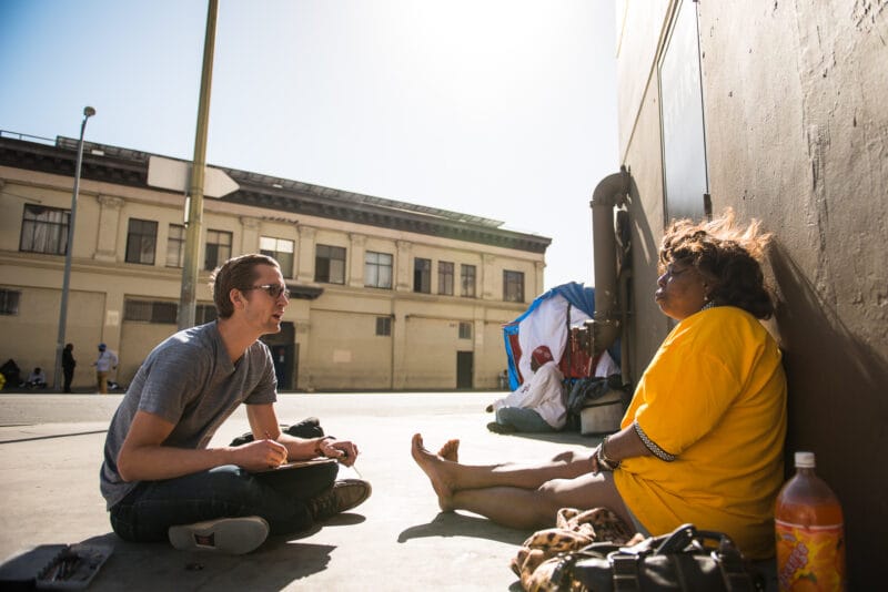 Jason Leith draws Roberta. A relational portrait on the sidewalk of skid row Los Angeles